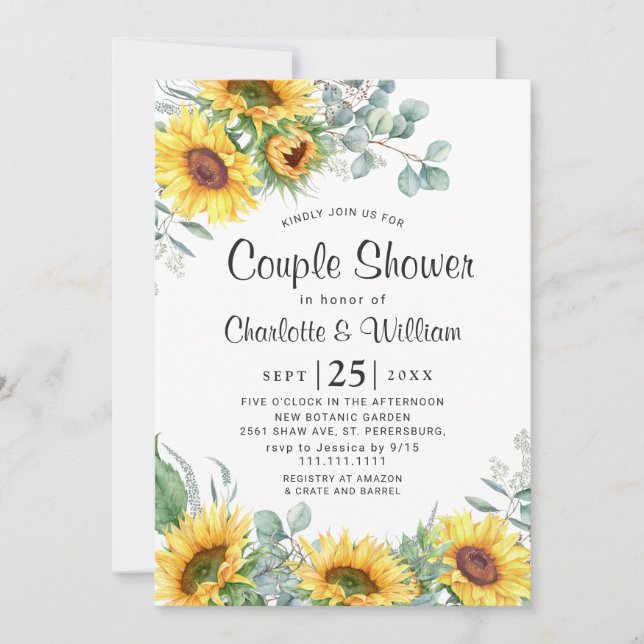 Sunflowers Eucalyptus Watercolor Couple Shower Invitation (Front)