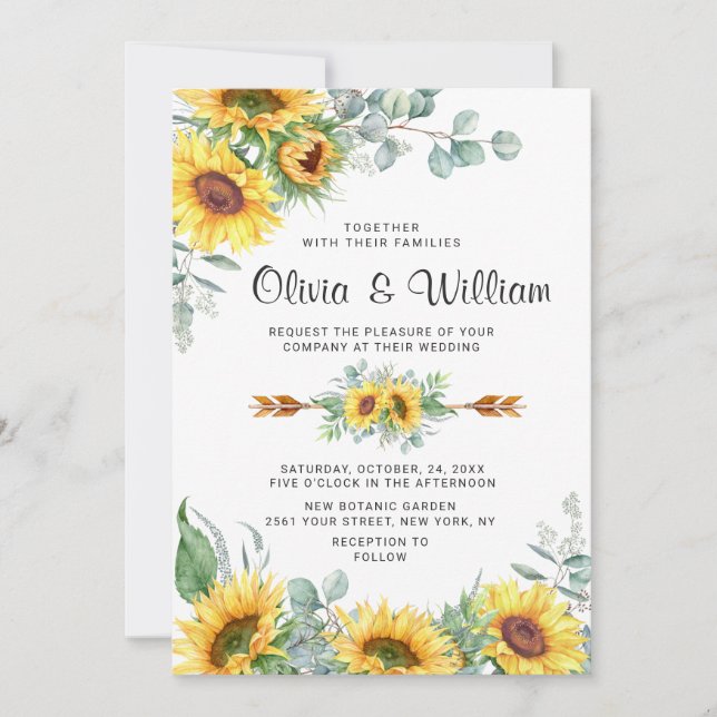 Sunflowers Eucalyptus Watercolor Rustic Wedding Invitation (Front)