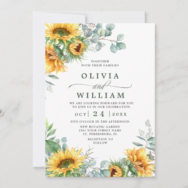 Sunflowers Eucalyptus Watercolor Rustic Wedding Invitation (Front)