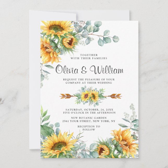 Sunflowers Eucalyptus Watercolor Rustic Wedding Invitation (Front)