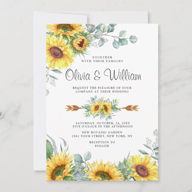 Sunflowers Eucalyptus Watercolor Rustic Wedding Invitation (Front)
