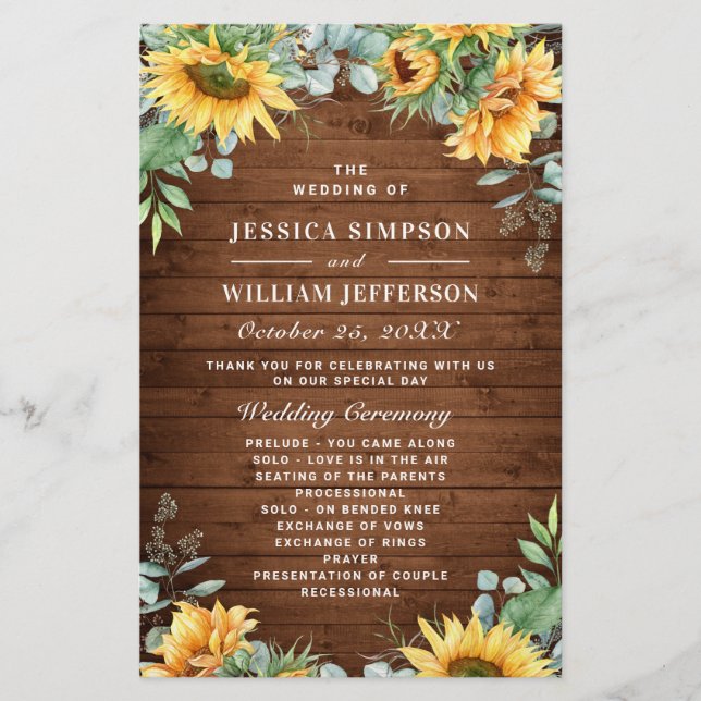 Sunflowers Eucalyptus Wedding Ceremony Program (Front)