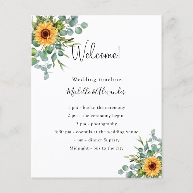Sunflowers eucalyptus wedding program details (Front)