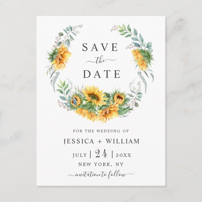 Sunflowers Eucalyptus Wedding Save the Date Announcement Postcard (Front)