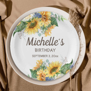 Sunflowers Eucalyptus Woman's Birthday Name Date Paper Plate