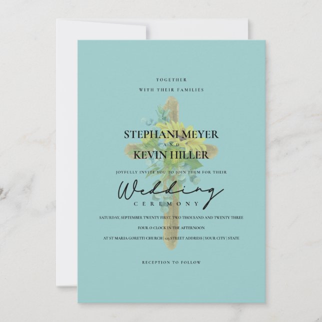 Sunflowers & Eucalyptus Wooden Cross Teal Wedding Invitation (Front)