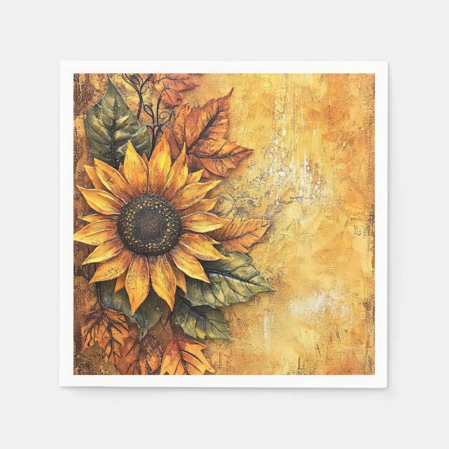 Sunflowers Fall Autumn Leaves Mixed Media Napkin (Front)