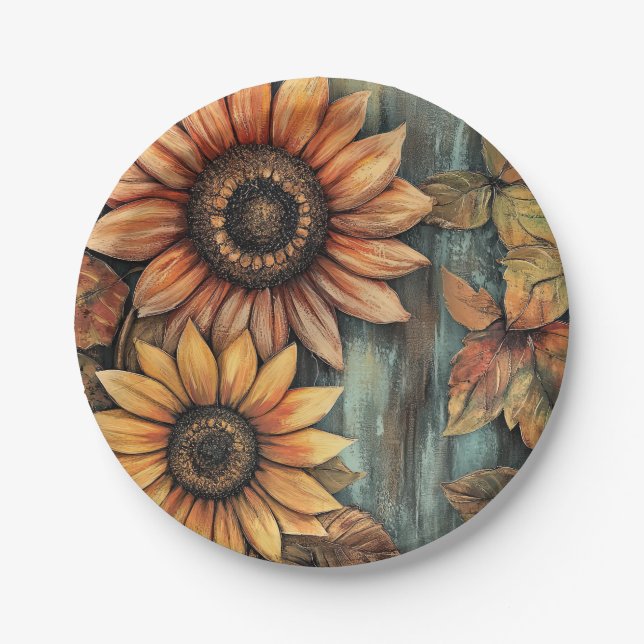 Sunflowers Fall Autumn Leaves Mixed Media Paper Plate (Front)