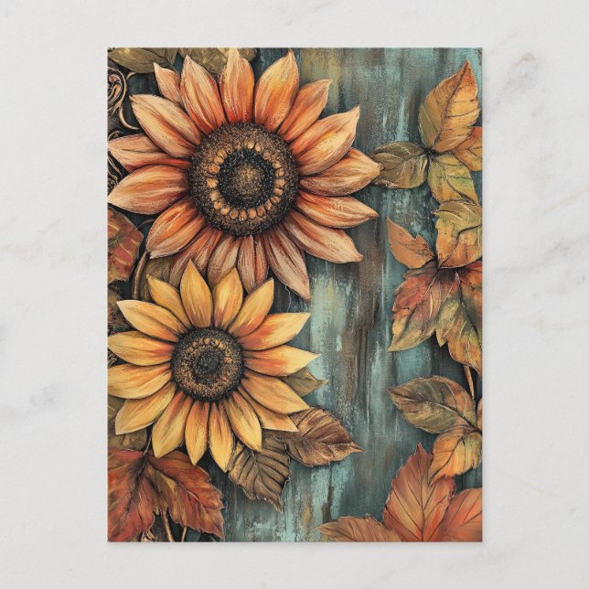 Sunflowers Fall Autumn Leaves Mixed Media Postcard (Front)