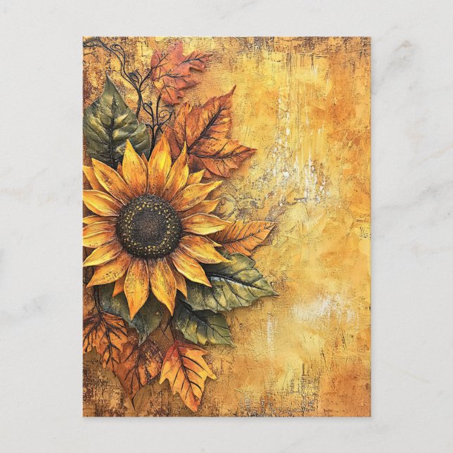 Sunflowers Fall Autumn Leaves Mixed Media Postcard (Front)