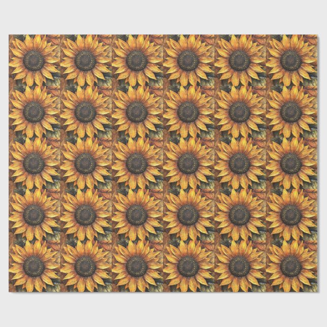 Sunflowers Fall Autumn Leaves Mixed Media Wrapping Paper (Flat)