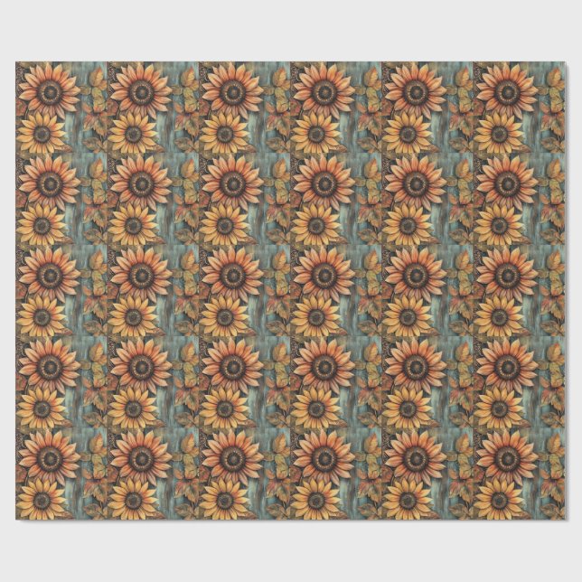 Sunflowers Fall Autumn Leaves Mixed Media Wrapping Paper (Flat)