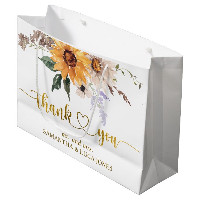 Sunflowers Fall in Love Gold Foil Wedding Favour Large Gift Bag (Front Angled)