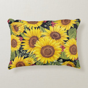 Sunflowers field: watercolor black background decorative cushion
