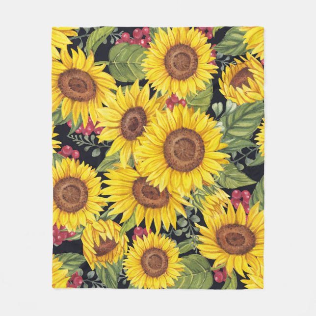 Sunflowers field: watercolor black background fleece blanket (Front)