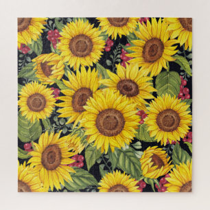 Sunflowers field: watercolor black background jigsaw puzzle
