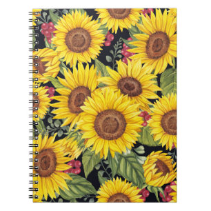 Sunflowers field: watercolor black background notebook