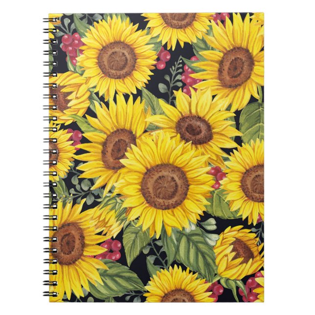 Sunflowers field: watercolor black background notebook (Front)