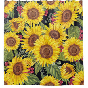 Sunflowers field: watercolor black background shower curtain