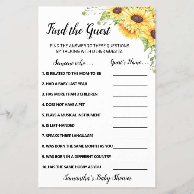 Sunflowers Find the Guest Baby Shower Game Card (Front)