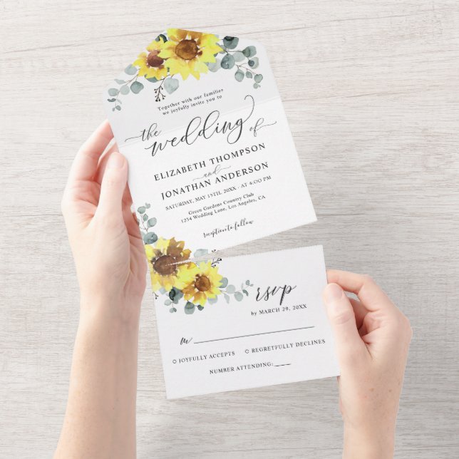 Sunflowers Floral Eucalyptus Wedding Details RSVP  All In One Invitation (Tearaway)