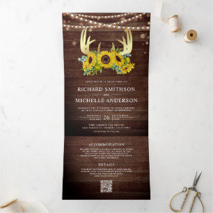 Sunflowers Floral Gold Antler Wood QR Code Wedding Tri-Fold Invitation