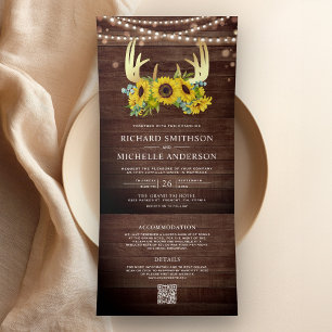 Sunflowers Floral Gold Antler Wood QR Code Wedding Tri-Fold Invitation