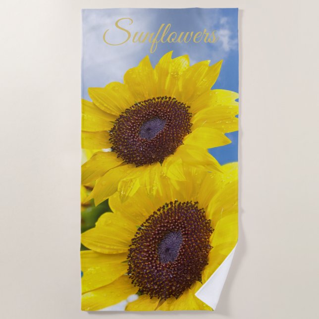 Sunflowers Floral Sunny Summer Flowers Add Name Beach Towel (Front)