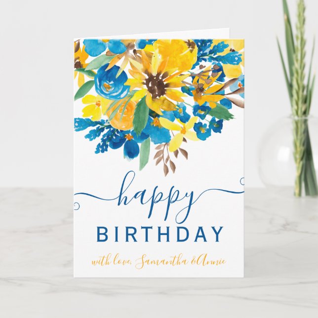 Sunflowers floral watercolor 2 photo birthday card (Front)