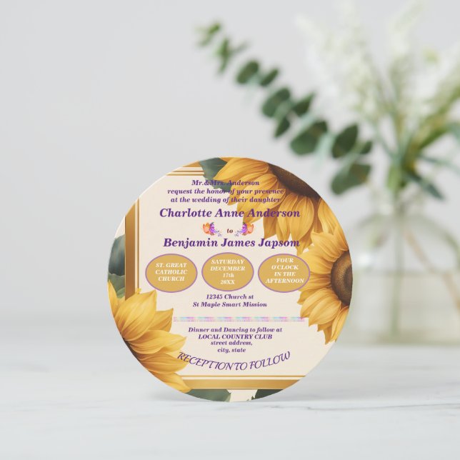 Sunflowers floral wedding invitation (Standing Front)