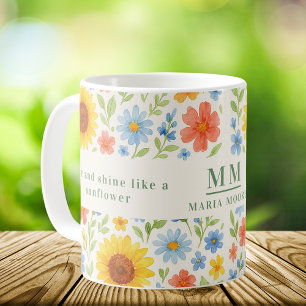 Sunflowers florals motivational quote monogram coffee mug