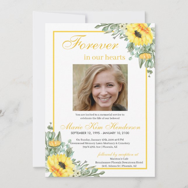 Sunflowers Forever in our Hearts Funeral Photo  Invitation (Front)