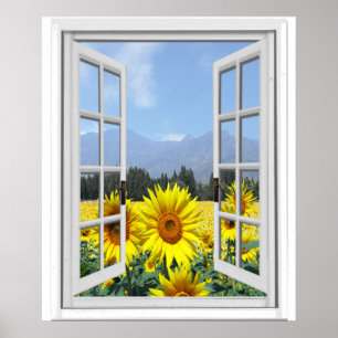 Sunflowers Garden Faux Artificial Window View Poster