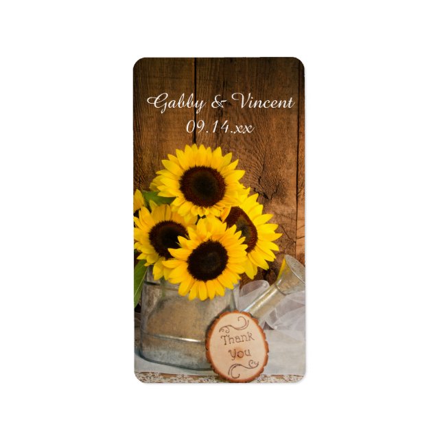 Sunflowers Garden Watering Can Wedding Thank You Label (Front)