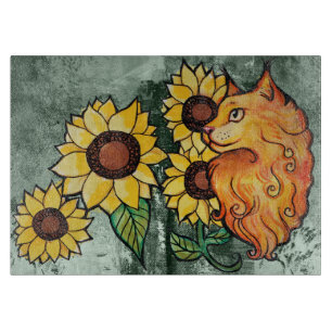 Sunflowers Ginger Maine Coon Cat Cutting Board