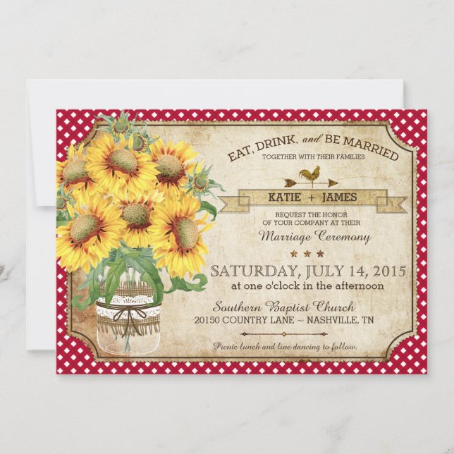 Sunflowers Gingham Check Country Picnic Wedding Invitation (Front)