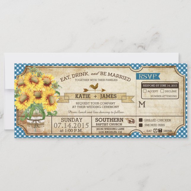 Sunflowers Gingham Check Country Picnic Wedding Invitation (Front)