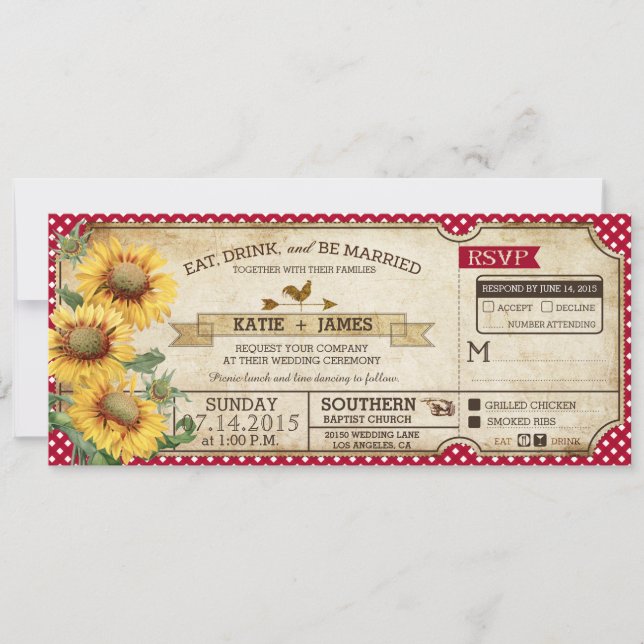 Sunflowers Gingham Check Country Picnic Wedding Invitation (Front)