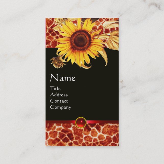 SUNFLOWERS, GIRAFFE SKIN AND RED RUBY GEMSTONE BUSINESS CARD (Front)