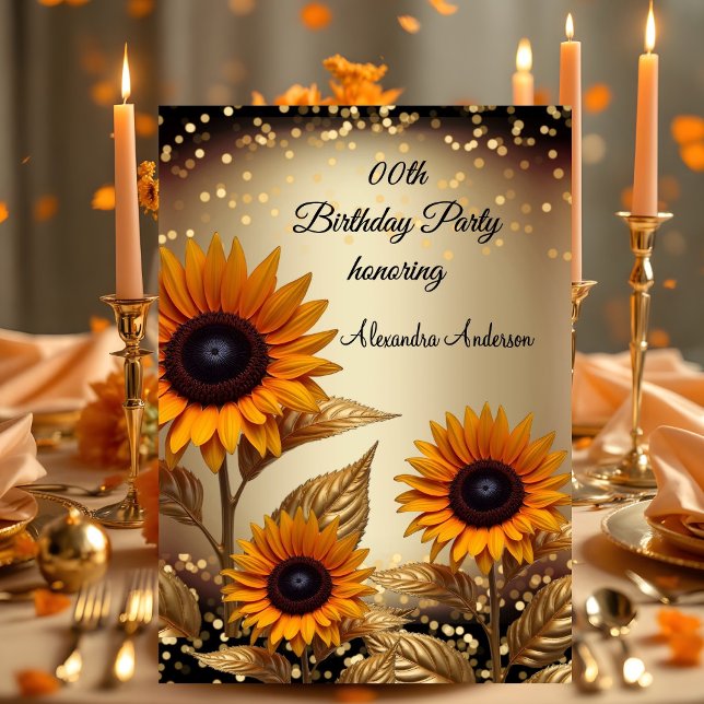 Sunflowers Glitter Bronze Gold Black Birthday Invitation (Creator Uploaded)