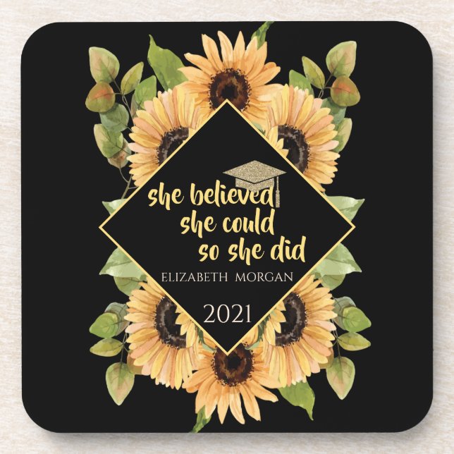 Sunflowers Glitter Graduate Cap Coaster (Front)