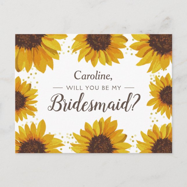 Sunflowers & Gold Dots Will You Be My Bridesmaid Invitation Postcard (Front)