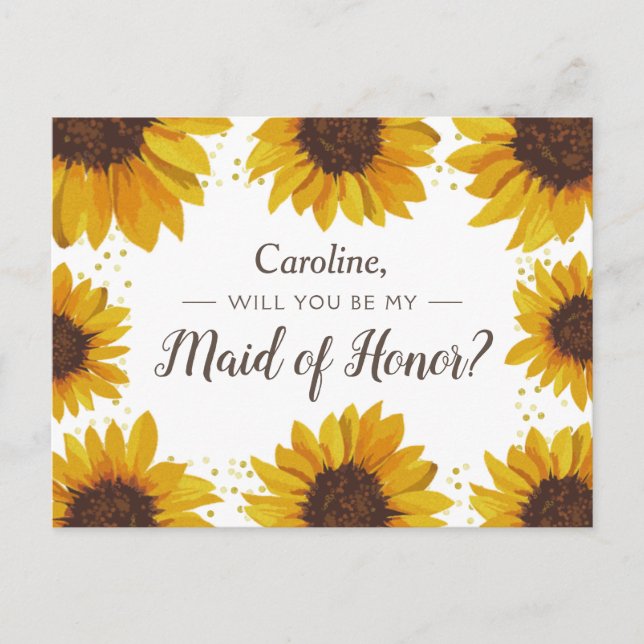 Sunflowers Gold Dots Will You Be My Maid of Honour Invitation Postcard (Front)