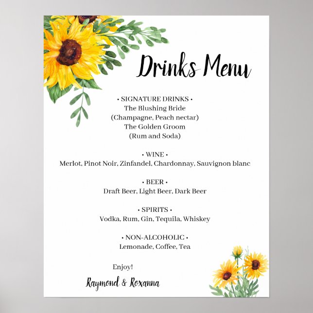 Sunflowers Greenery Drinks Menu Wedding Sign (Front)