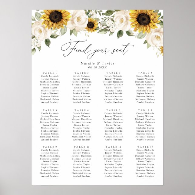 Sunflowers Greenery Elegant Wedding Seating Chart (Front)