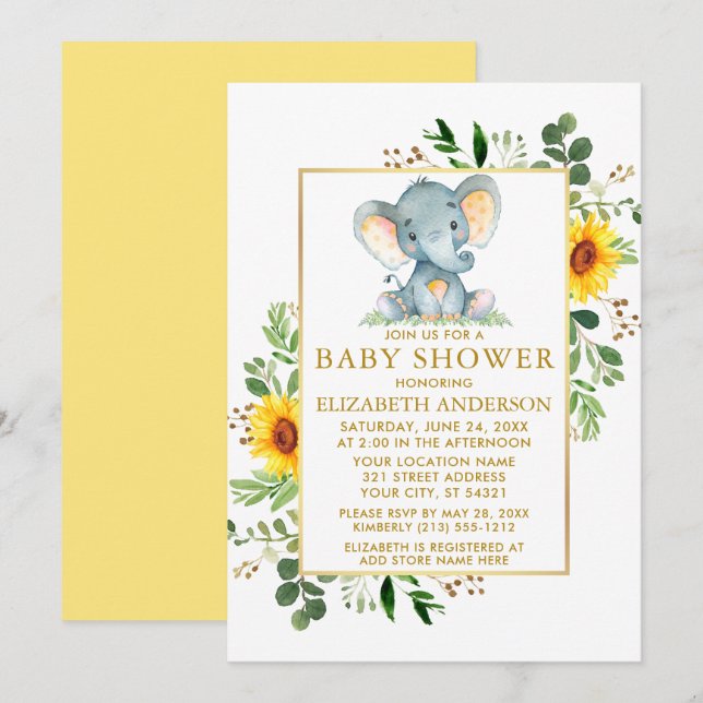 Sunflowers Greenery Elephant Baby Shower Gold Invitation (Front/Back)