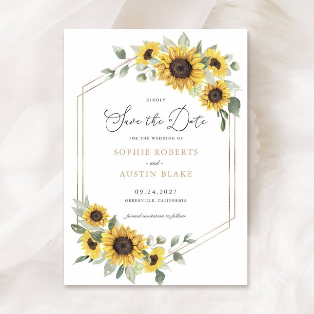 Sunflowers Greenery Geometric Gold Save the Date Invitation (Creator Uploaded)