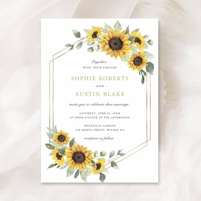Sunflowers Greenery Gold Geometric Wedding Invitation (Creator Uploaded)