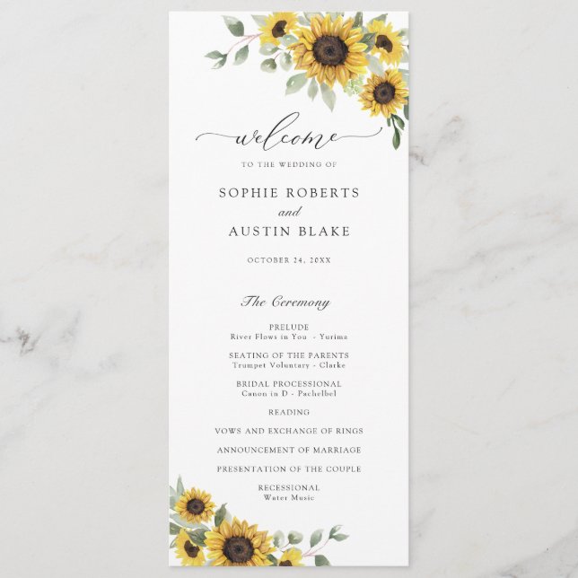 Sunflowers Greenery Olive Leaves Rustic Wedding Programme (Front)