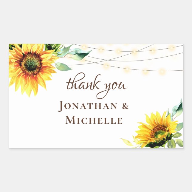 Sunflowers Greenery String Lights Rustic Thank You Rectangular Sticker (Front)